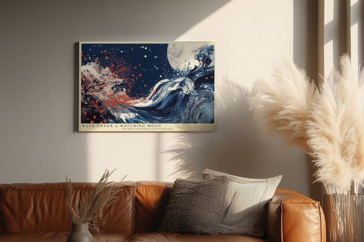 Paul Sinus Wandbild 120x80cm Abstrakte Welle unter Mond Japanisch inspirierte Meereskunst in Blau Rot fuer Wohnzimmer Schlafzimmer und Büro
