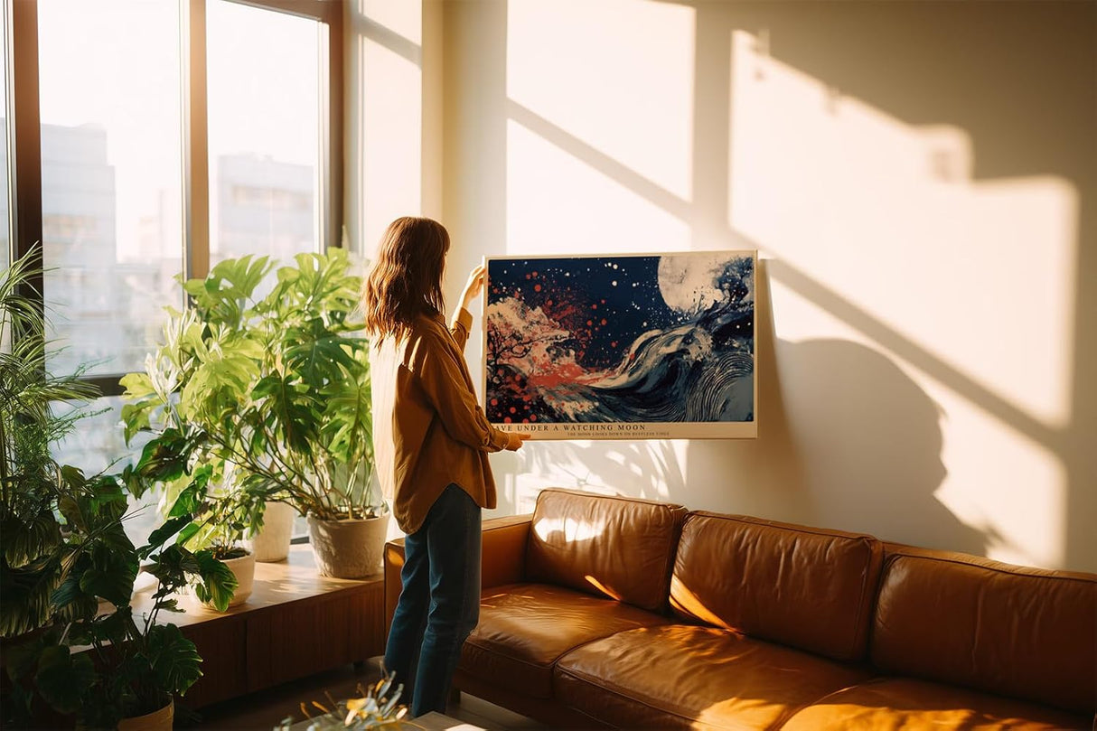 Paul Sinus Wandbild 120x80cm Abstrakte Welle unter Mond Japanisch inspirierte Meereskunst in Blau Rot fuer Wohnzimmer Schlafzimmer und Büro