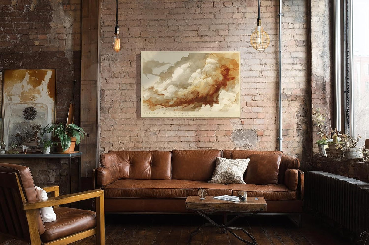 Paul Sinus Wandbild 120x80cm Abstrakte Wolken in Amber Tönen Moderne Kunst mit Luftigen Formen für Wohnzimmer Schlafzimmer