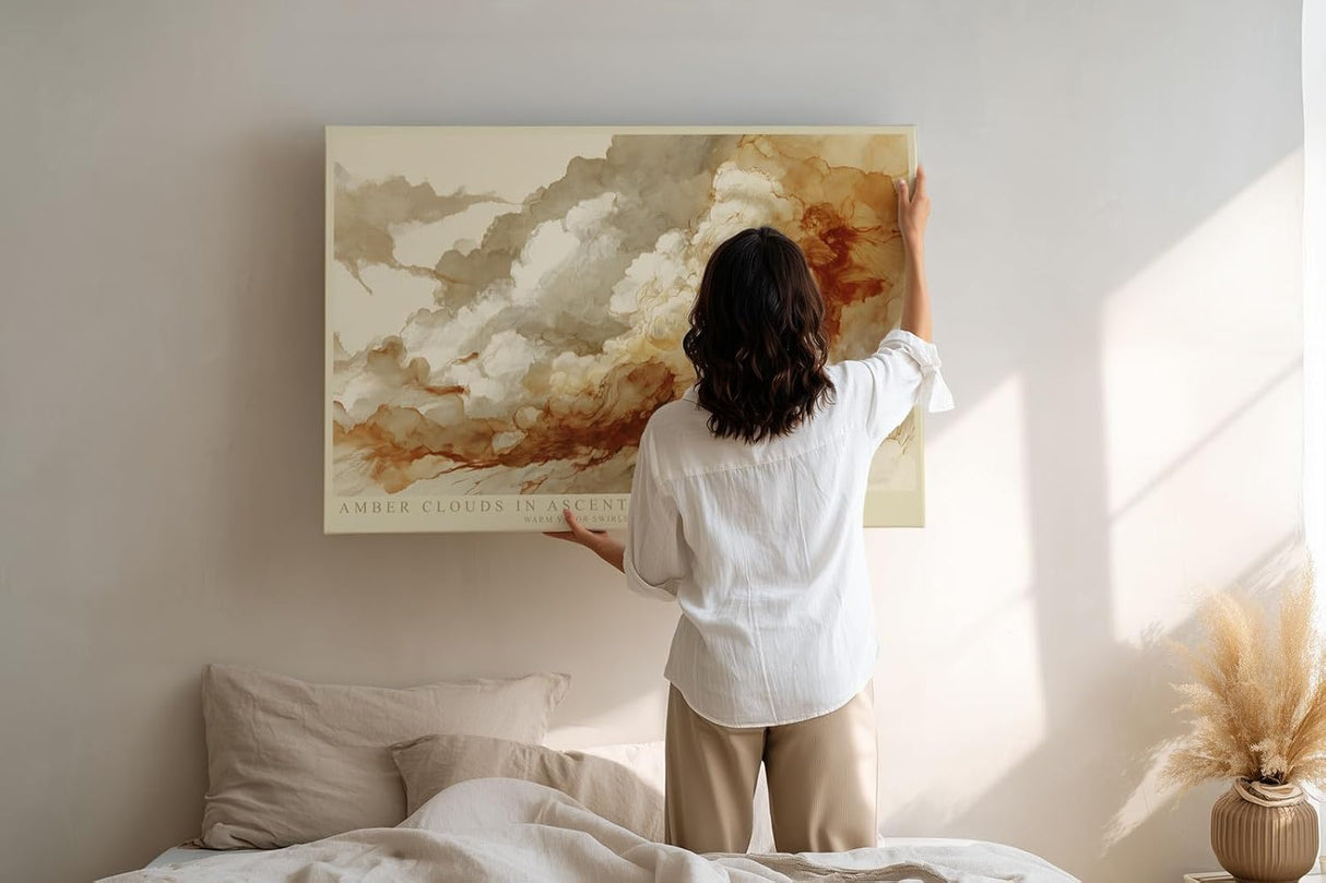 Paul Sinus Wandbild 120x80cm Abstrakte Wolken in Amber Tönen Moderne Kunst mit Luftigen Formen für Wohnzimmer Schlafzimmer