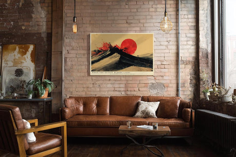 Paul Sinus Wandbild 120x80cm Abstrakte Wuestenlandschaft mit roter Sonne Moderne Kunst in Schwarz Rot und Beige