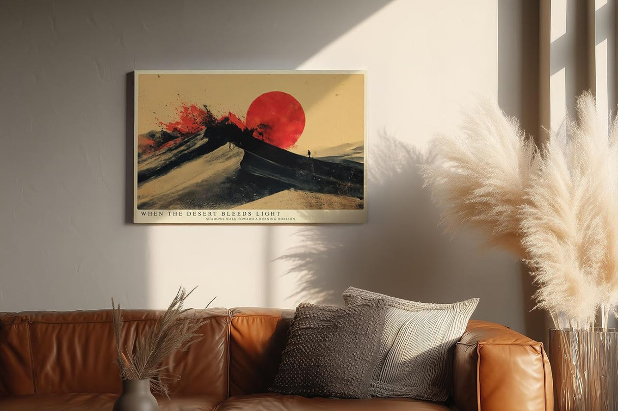 Paul Sinus Wandbild 120x80cm Abstrakte Wuestenlandschaft mit roter Sonne Moderne Kunst in Schwarz Rot und Beige
