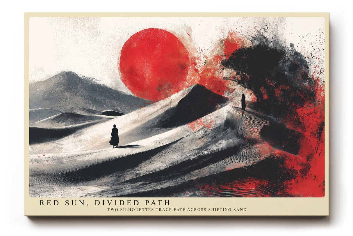 Paul Sinus Wandbild 120x80cm Abstrakte Wuestenszene mit roter Sonne und Silhouetten Moderne Kunst in Schwarz Weiss und Rot