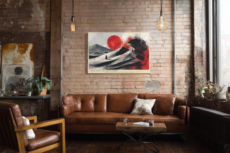 Paul Sinus Wandbild 120x80cm Abstrakte Wuestenszene mit roter Sonne und Silhouetten Moderne Kunst in Schwarz Weiss und Rot