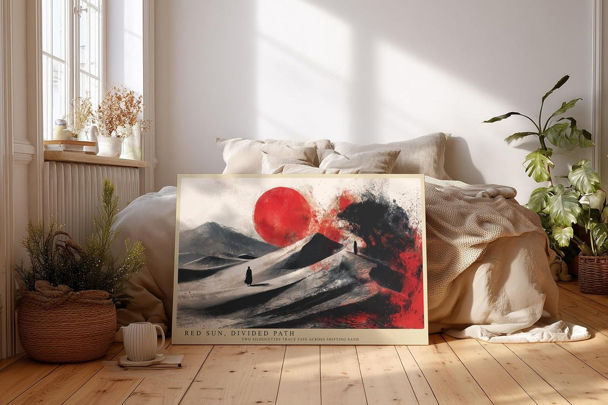 Paul Sinus Wandbild 120x80cm Abstrakte Wuestenszene mit roter Sonne und Silhouetten Moderne Kunst in Schwarz Weiss und Rot