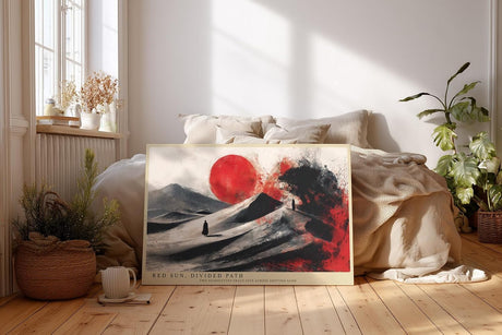 Paul Sinus Wandbild 120x80cm Abstrakte Wuestenszene mit roter Sonne und Silhouetten Moderne Kunst in Schwarz Weiss und Rot