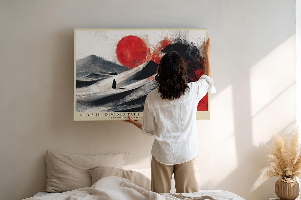 Paul Sinus Wandbild 120x80cm Abstrakte Wuestenszene mit roter Sonne und Silhouetten Moderne Kunst in Schwarz Weiss und Rot