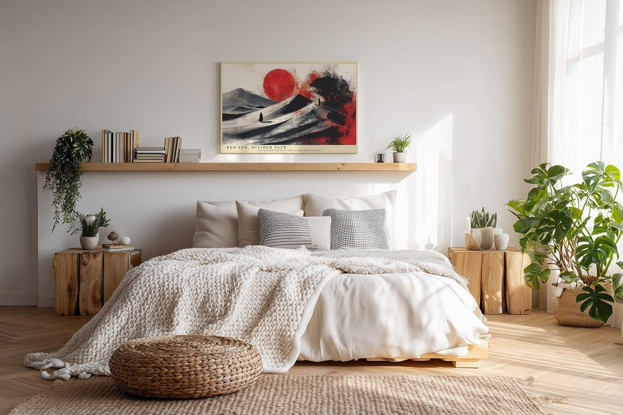Paul Sinus Wandbild 120x80cm Abstrakte Wuestenszene mit roter Sonne und Silhouetten Moderne Kunst in Schwarz Weiss und Rot