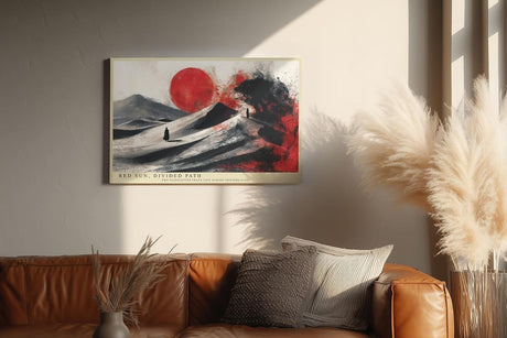 Paul Sinus Wandbild 120x80cm Abstrakte Wuestenszene mit roter Sonne und Silhouetten Moderne Kunst in Schwarz Weiss und Rot