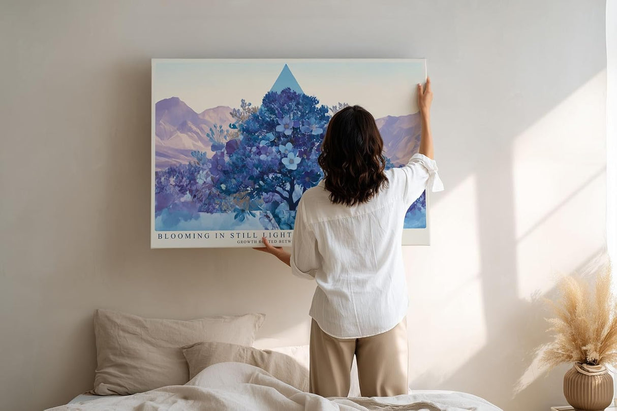 Paul Sinus Wandbild 120x80cm abstrakter Baum mit Blumen moderne Naturkunst in Blau und Pastell stilvolle Wanddekoration fuer Wohnzimmer Flur