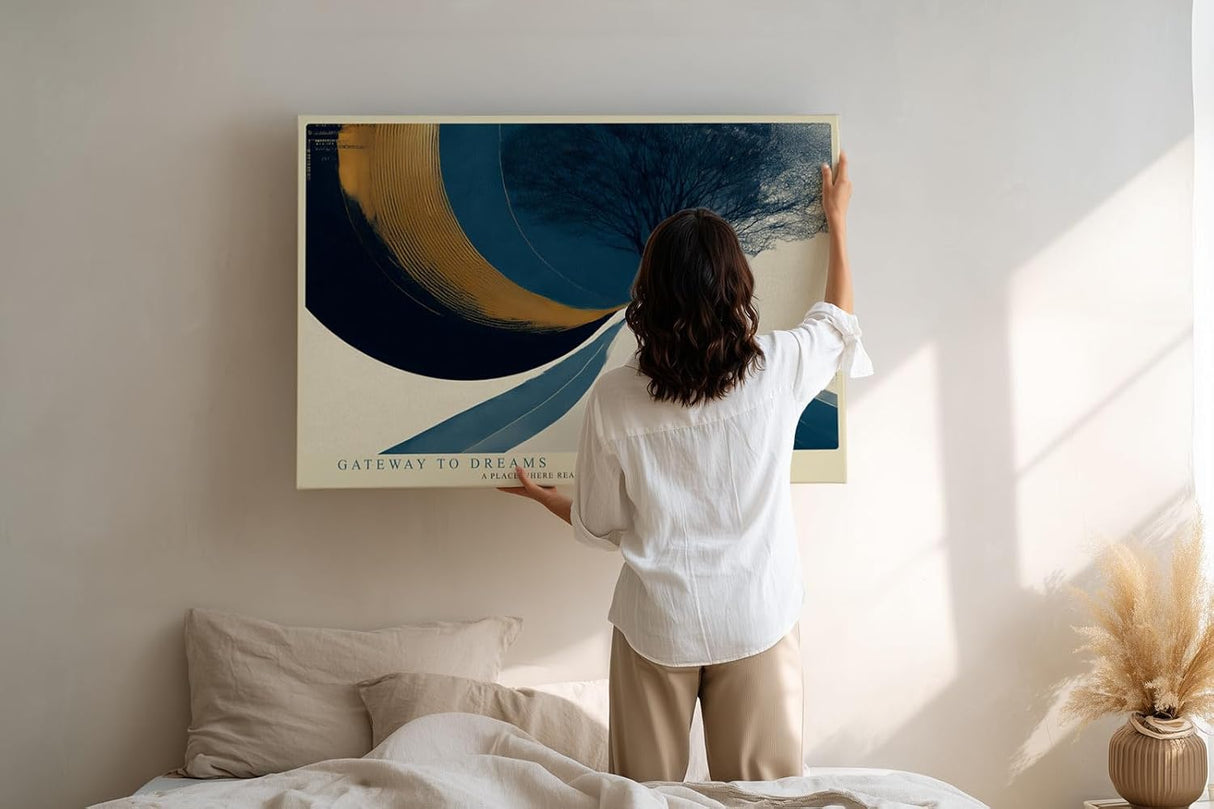 Paul Sinus Wandbild 120x80cm abstrakter Baum moderne Landschaft Kunst blau gold grafisches Design stilvolle Wanddekoration fuer Wohnzimmer Büro