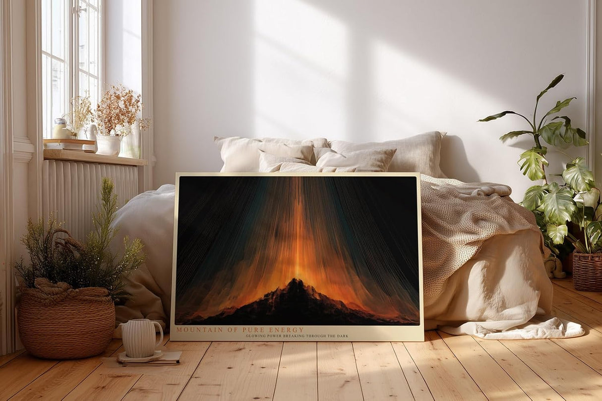 Paul Sinus Wandbild 120x80cm abstrakter Berg mit Lichtstrahlen moderne Energie Kunst in orange und schwarz dynamisches Kunstbild für Wohnzimmer Büro Atelier