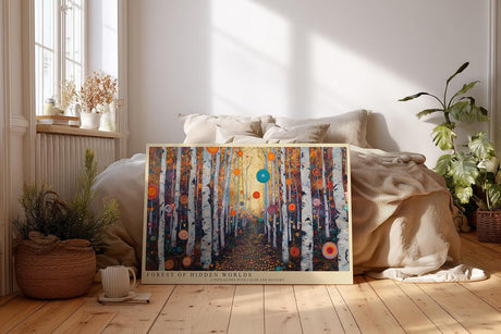 Paul Sinus Wandbild 120x80cm abstrakter Birkenwald bunt modern mystischer Wald Kunstdruck grosses Wandbild 120x80cm kreative Natur Wanddekoration fuer Wohnzimmer Büro
