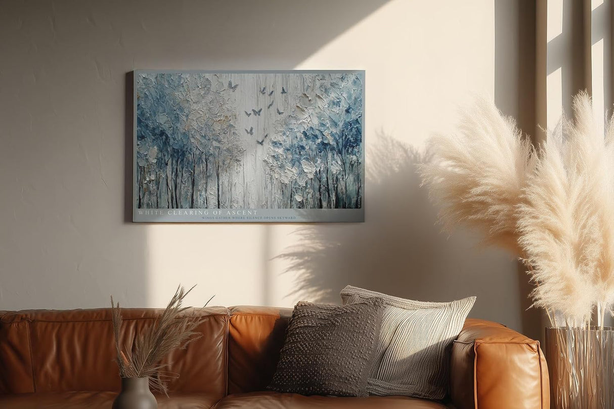 Paul Sinus Wandbild 120x80cm Abstrakter Birkenwald mit Schmetterlingen Strukturkunst in Blau Weiss fuer Wohnzimmer Schlafzimmer und moderne Wohnräume