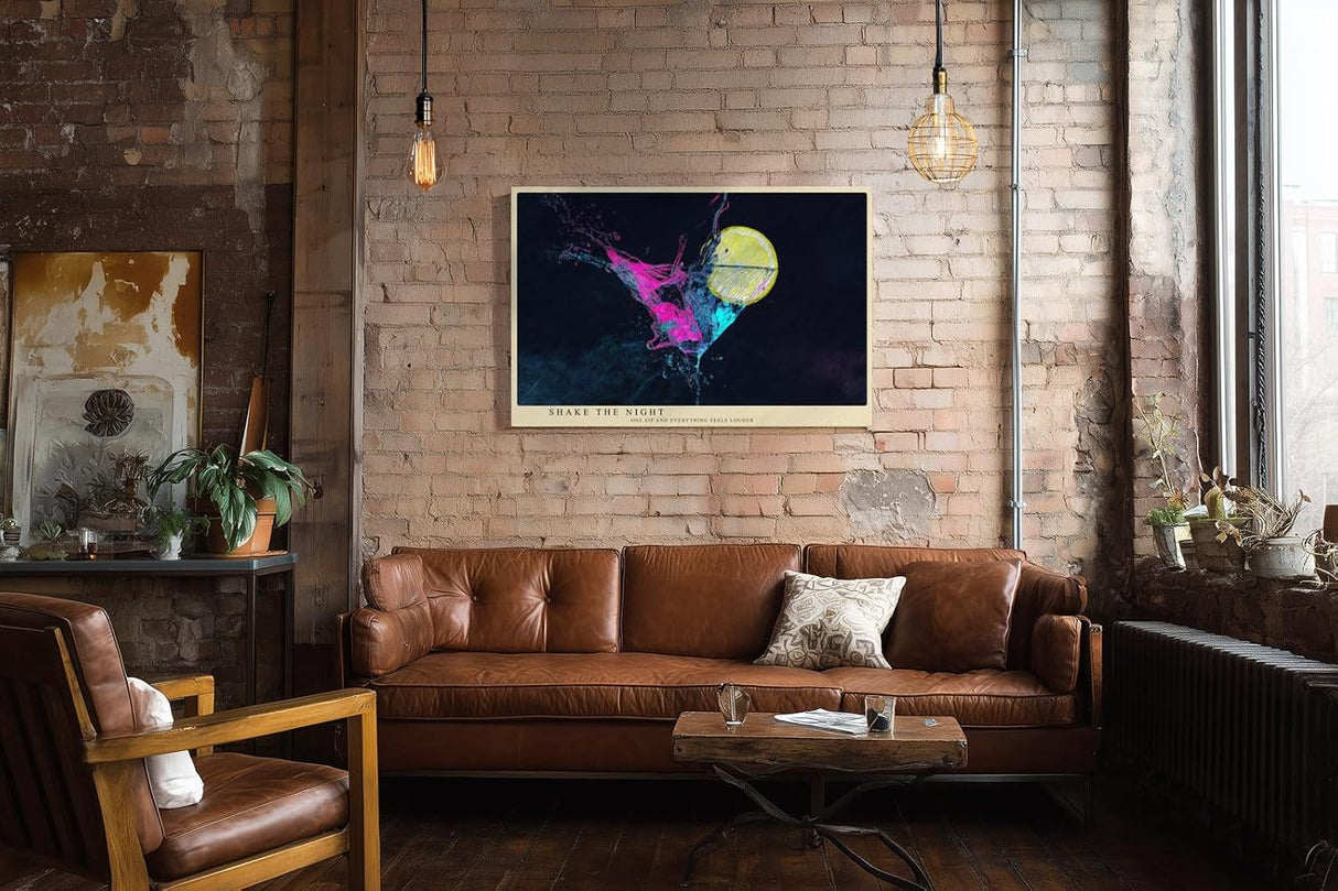 Paul Sinus Wandbild 120x80cm abstrakter Cocktail Splash Neonfarben moderne Getränk Kunst in Pink Blau und Gelb dynamisches Party Kunstbild für Wohnzimmer Bar Küche
