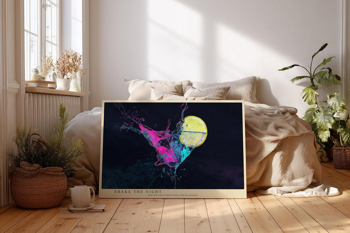Paul Sinus Wandbild 120x80cm abstrakter Cocktail Splash Neonfarben moderne Getränk Kunst in Pink Blau und Gelb dynamisches Party Kunstbild für Wohnzimmer Bar Küche