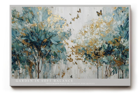 Paul Sinus Wandbild 120x80cm Abstrakter Garten Baeume Blumen Kunstmotiv Moderne Naturmalerei mit Schmetterlingen und sanften Farben