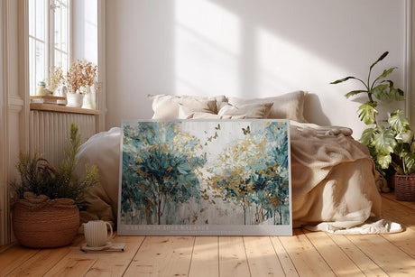 Paul Sinus Wandbild 120x80cm Abstrakter Garten Baeume Blumen Kunstmotiv Moderne Naturmalerei mit Schmetterlingen und sanften Farben