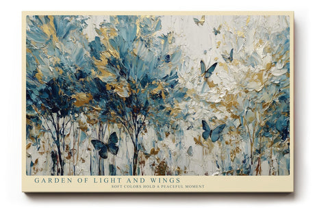 Paul Sinus Wandbild 120x80cm Abstrakter Garten mit Schmetterlingen Blau Gold Natur Kunst Wanddekoration Wohnzimmer Schlafzimmer