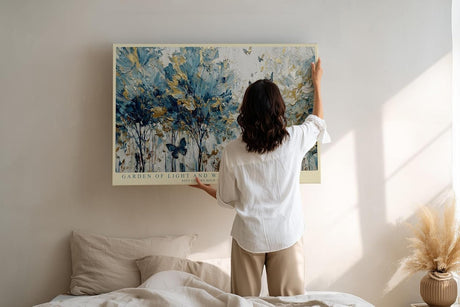 Paul Sinus Wandbild 120x80cm Abstrakter Garten mit Schmetterlingen Blau Gold Natur Kunst Wanddekoration Wohnzimmer Schlafzimmer