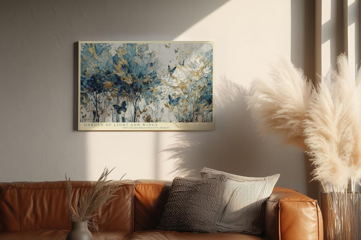 Paul Sinus Wandbild 120x80cm Abstrakter Garten mit Schmetterlingen Blau Gold Natur Kunst Wanddekoration Wohnzimmer Schlafzimmer