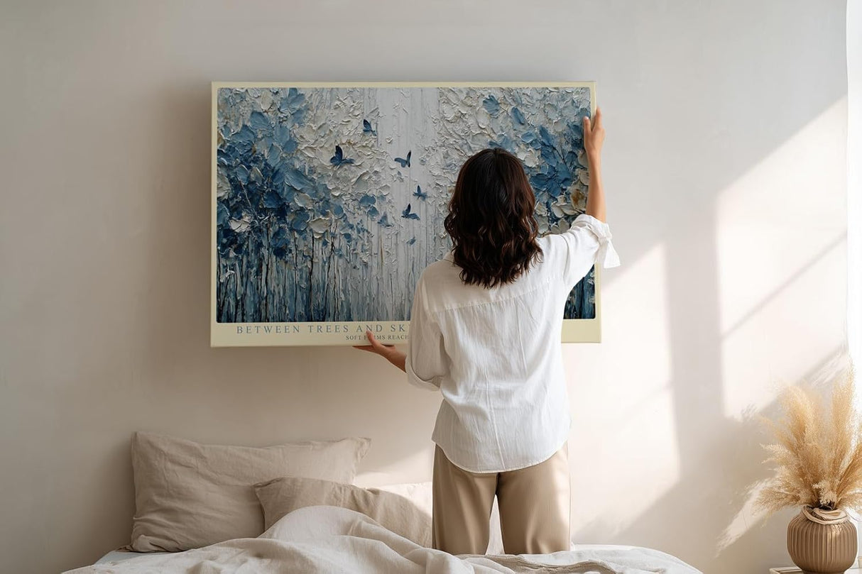 Paul Sinus Wandbild 120x80cm Abstrakter Wald mit Schmetterlingen Blau Weiss Natur Kunst Moderne Wanddekoration