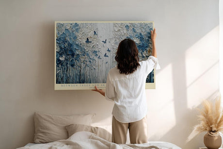 Paul Sinus Wandbild 120x80cm Abstrakter Wald mit Schmetterlingen Blau Weiss Natur Kunst Moderne Wanddekoration