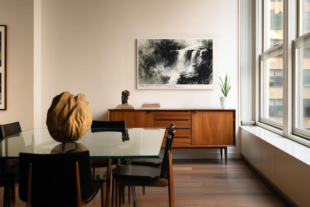 Paul Sinus Wandbild 120x80cm abstrakter Wasserfall monochrom moderne Naturkunst schwarz weiss dynamische Landschaftsmalerei grosses Kunstbild Wanddekoration fuer Wohnzimmer Büro Flur