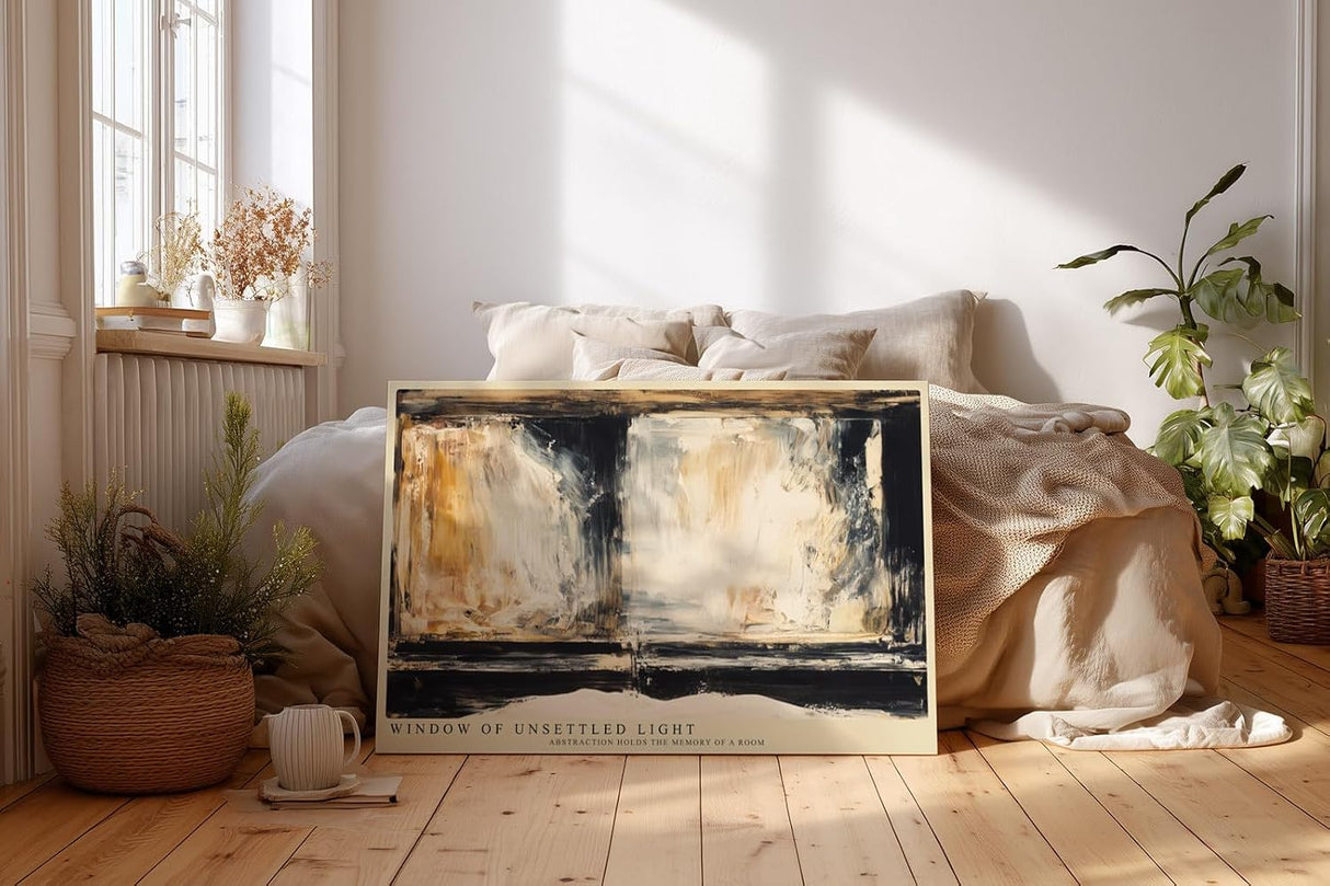 Paul Sinus Wandbild 120x80cm Abstraktes Fenster Licht und Schatten Moderne Kunst in Beige Schwarz und Gold fuer Wohnzimmer Schlafzimmer und Büro