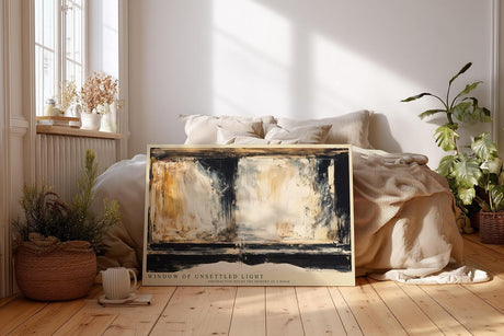 Paul Sinus Wandbild 120x80cm Abstraktes Fenster Licht und Schatten Moderne Kunst in Beige Schwarz und Gold fuer Wohnzimmer Schlafzimmer und Büro