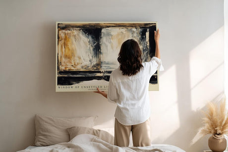Paul Sinus Wandbild 120x80cm Abstraktes Fenster Licht und Schatten Moderne Kunst in Beige Schwarz und Gold fuer Wohnzimmer Schlafzimmer und Büro