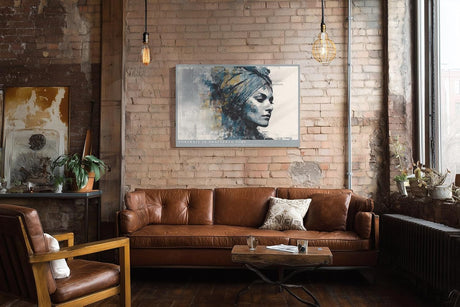Paul Sinus Wandbild 120x80cm Abstraktes Frauenportraet Moderne Collagekunst in Blau und Gold Stilvolles Kunstbild fuer Wohnzimmer Schlafzimmer und Büro