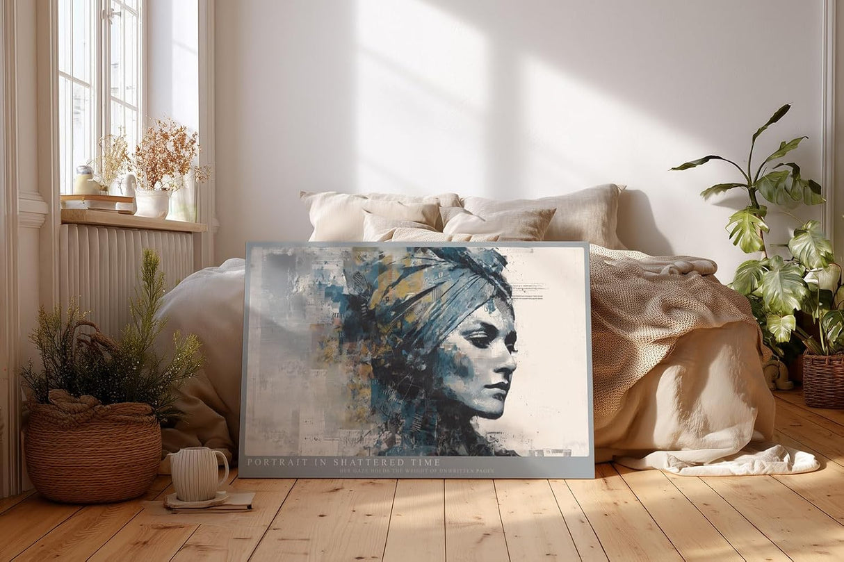 Paul Sinus Wandbild 120x80cm Abstraktes Frauenportraet Moderne Collagekunst in Blau und Gold Stilvolles Kunstbild fuer Wohnzimmer Schlafzimmer und Büro