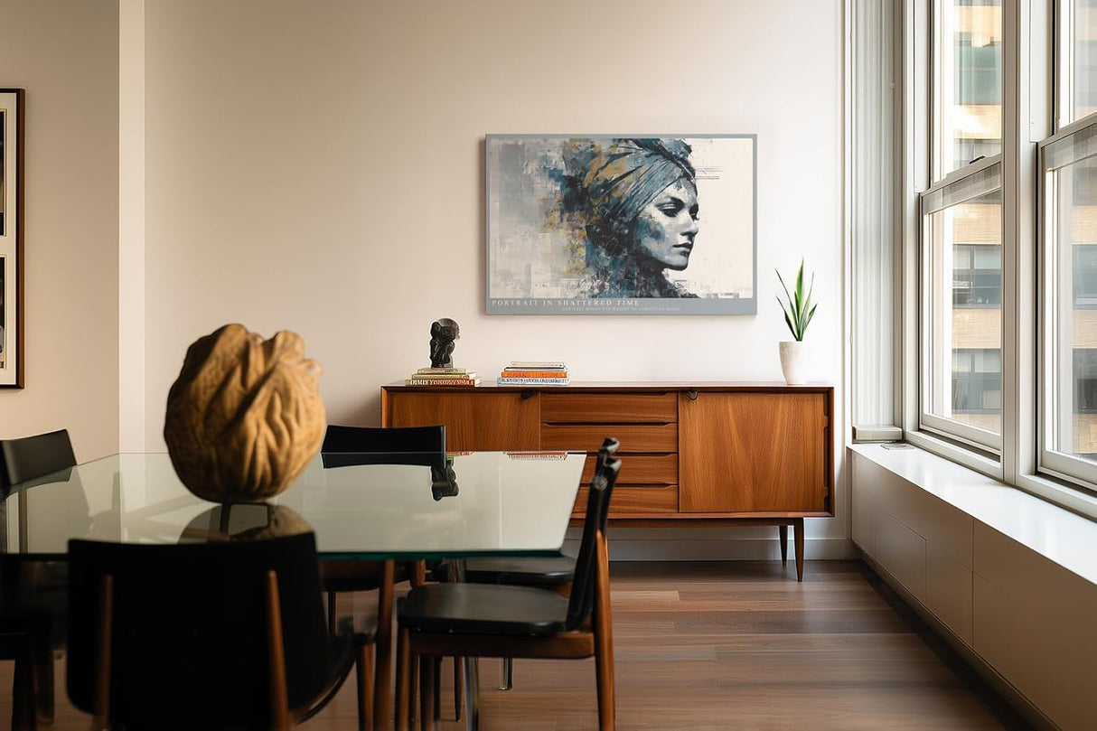 Paul Sinus Wandbild 120x80cm Abstraktes Frauenportraet Moderne Collagekunst in Blau und Gold Stilvolles Kunstbild fuer Wohnzimmer Schlafzimmer und Büro