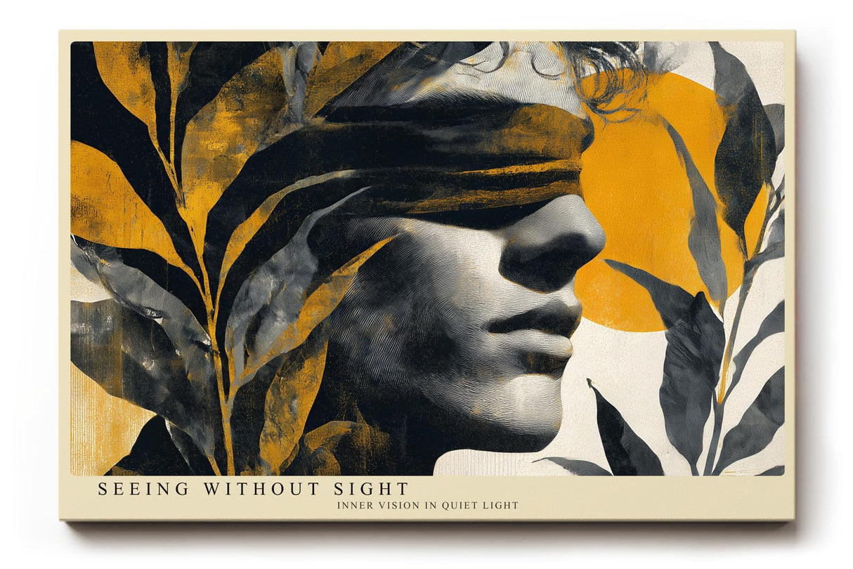 Paul Sinus Wandbild 120x80cm abstraktes Frauenportrait mit Pflanzen und Sonne moderne Kunst in Schwarz Gelb Beige Leinwand Wanddekoration fuer Wohnzimmer Büro
