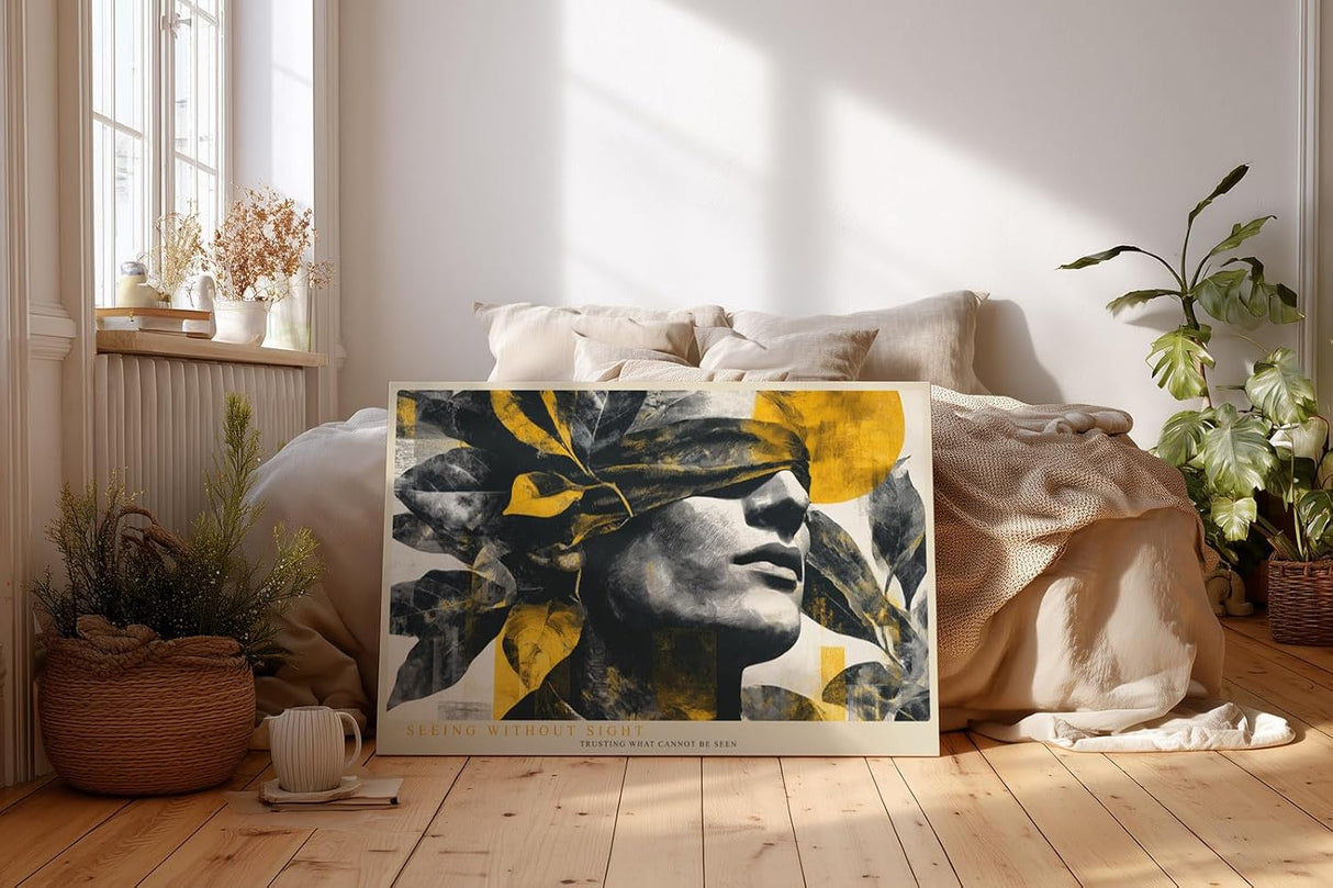 Paul Sinus Wandbild 120x80cm abstraktes Frauenportrait modern schwarz gold Kunst Gesicht mit Blaettern stilvolle Wanddekoration fuer Wohnzimmer Büro
