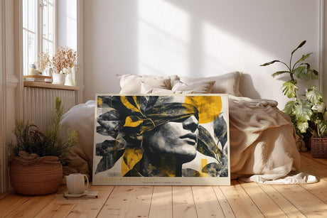 Paul Sinus Wandbild 120x80cm abstraktes Frauenportrait modern schwarz gold Kunst Gesicht mit Blaettern stilvolle Wanddekoration fuer Wohnzimmer Büro