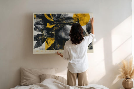 Paul Sinus Wandbild 120x80cm abstraktes Frauenportrait modern schwarz gold Kunst Gesicht mit Blaettern stilvolle Wanddekoration fuer Wohnzimmer Büro