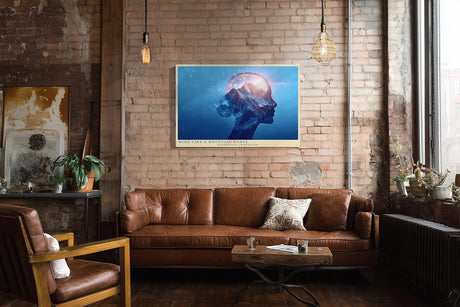 Paul Sinus Wandbild 120x80cm abstraktes Gedanken Portrait mit Berglandschaft surreal moderne Kunst in Blau Licht und Natur Inspiration Wanddekoration für Wohnzimmer Büro