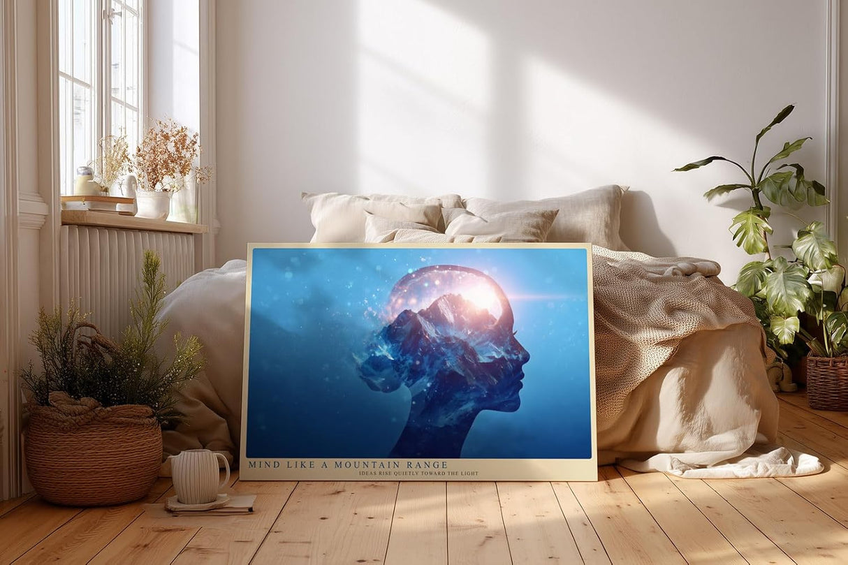 Paul Sinus Wandbild 120x80cm abstraktes Gedanken Portrait mit Berglandschaft surreal moderne Kunst in Blau Licht und Natur Inspiration Wanddekoration für Wohnzimmer Büro