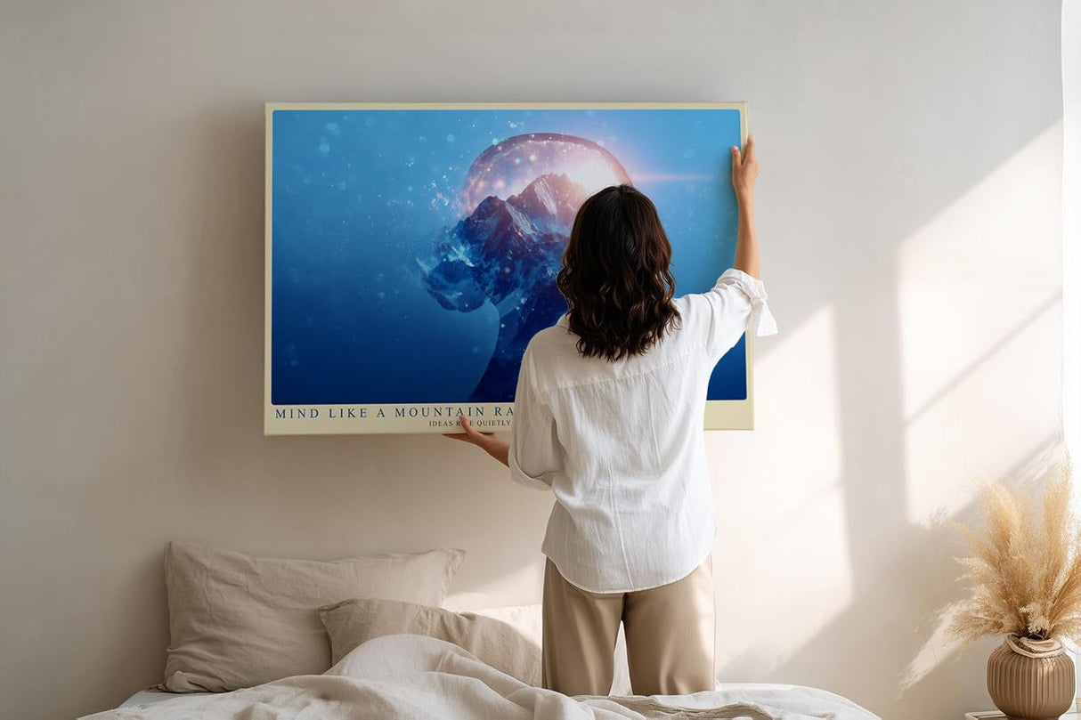 Paul Sinus Wandbild 120x80cm abstraktes Gedanken Portrait mit Berglandschaft surreal moderne Kunst in Blau Licht und Natur Inspiration Wanddekoration für Wohnzimmer Büro
