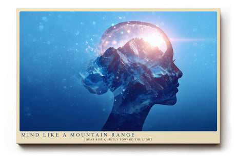 Paul Sinus Wandbild 120x80cm abstraktes Gedanken Portrait mit Berglandschaft surreal moderne Kunst in Blau Licht und Natur Inspiration Wanddekoration für Wohnzimmer Büro