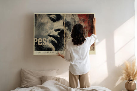 Paul Sinus Wandbild 120x80cm Abstraktes Gesicht Collage Moderne Urban Art in Rot Schwarz Beige Ausdrucksstarke Kunst Wanddekoration