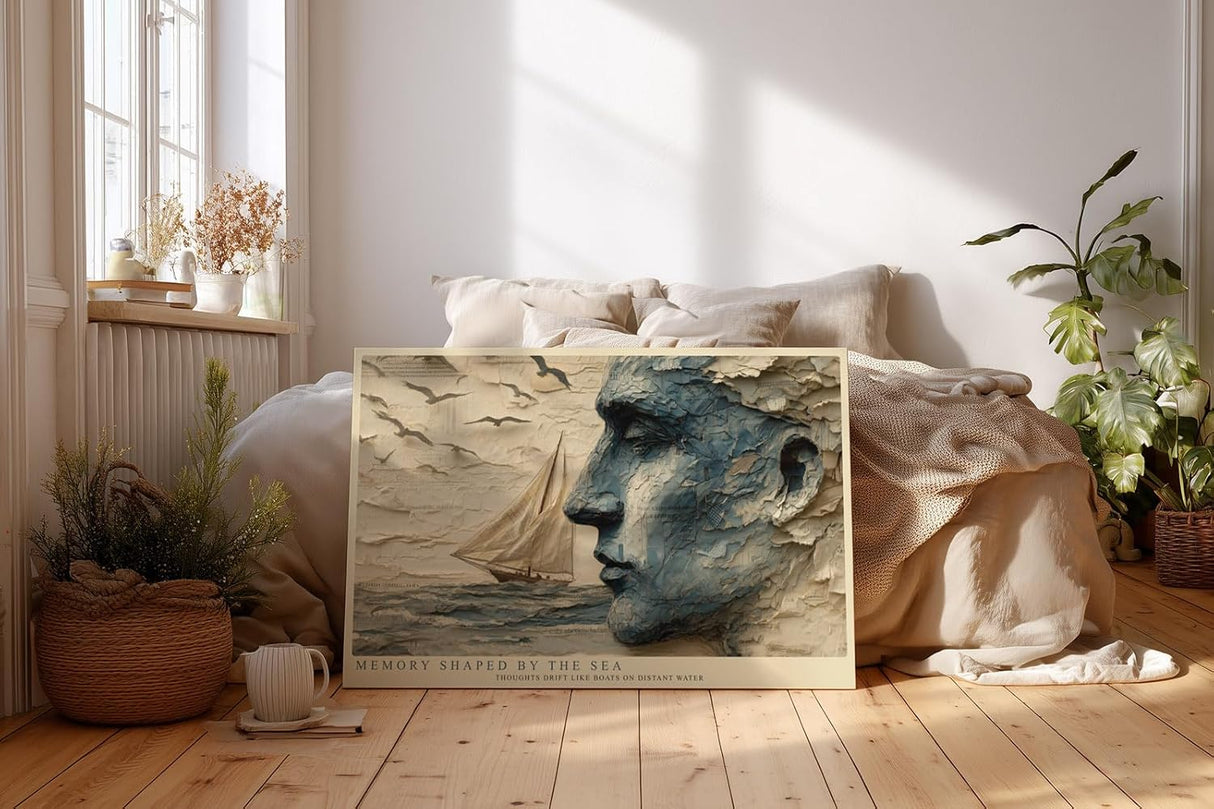 Paul Sinus Wandbild 120x80cm abstraktes Gesicht Meer Segelboot moderne Kunst blau beige Kunstdruck grosses Kunstbild atmosphaerische Wanddekoration fuer Wohnzimmer Büro
