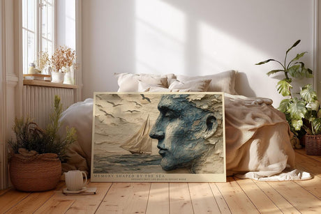Paul Sinus Wandbild 120x80cm abstraktes Gesicht Meer Segelboot moderne Kunst blau beige Kunstdruck grosses Kunstbild atmosphaerische Wanddekoration fuer Wohnzimmer Büro