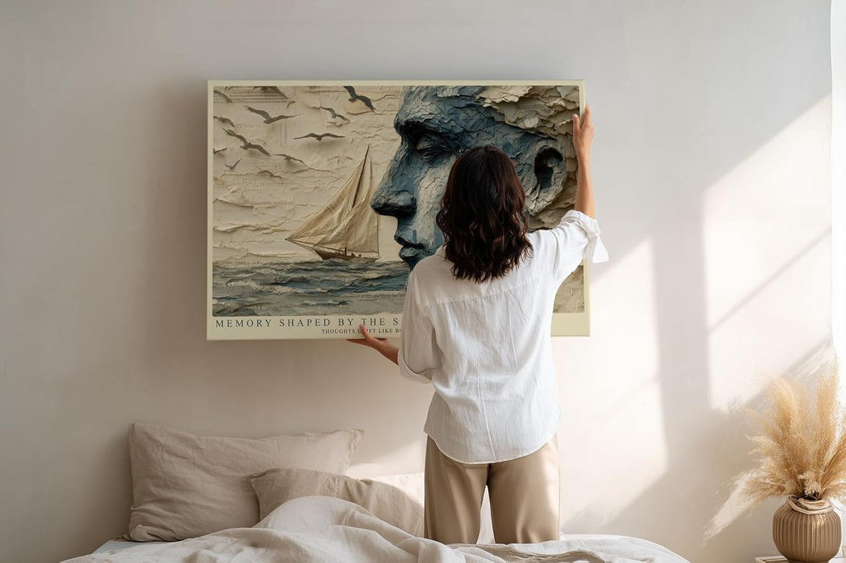 Paul Sinus Wandbild 120x80cm abstraktes Gesicht Meer Segelboot moderne Kunst blau beige Kunstdruck grosses Kunstbild atmosphaerische Wanddekoration fuer Wohnzimmer Büro