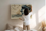 Paul Sinus Wandbild 120x80cm abstraktes Gesicht Meer Segelboot moderne Kunst blau beige Kunstdruck grosses Kunstbild atmosphaerische Wanddekoration fuer Wohnzimmer Büro