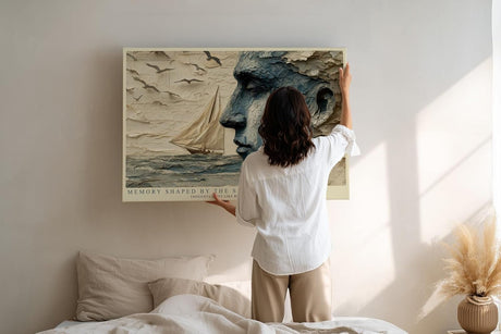 Paul Sinus Wandbild 120x80cm abstraktes Gesicht Meer Segelboot moderne Kunst blau beige Kunstdruck grosses Kunstbild atmosphaerische Wanddekoration fuer Wohnzimmer Büro