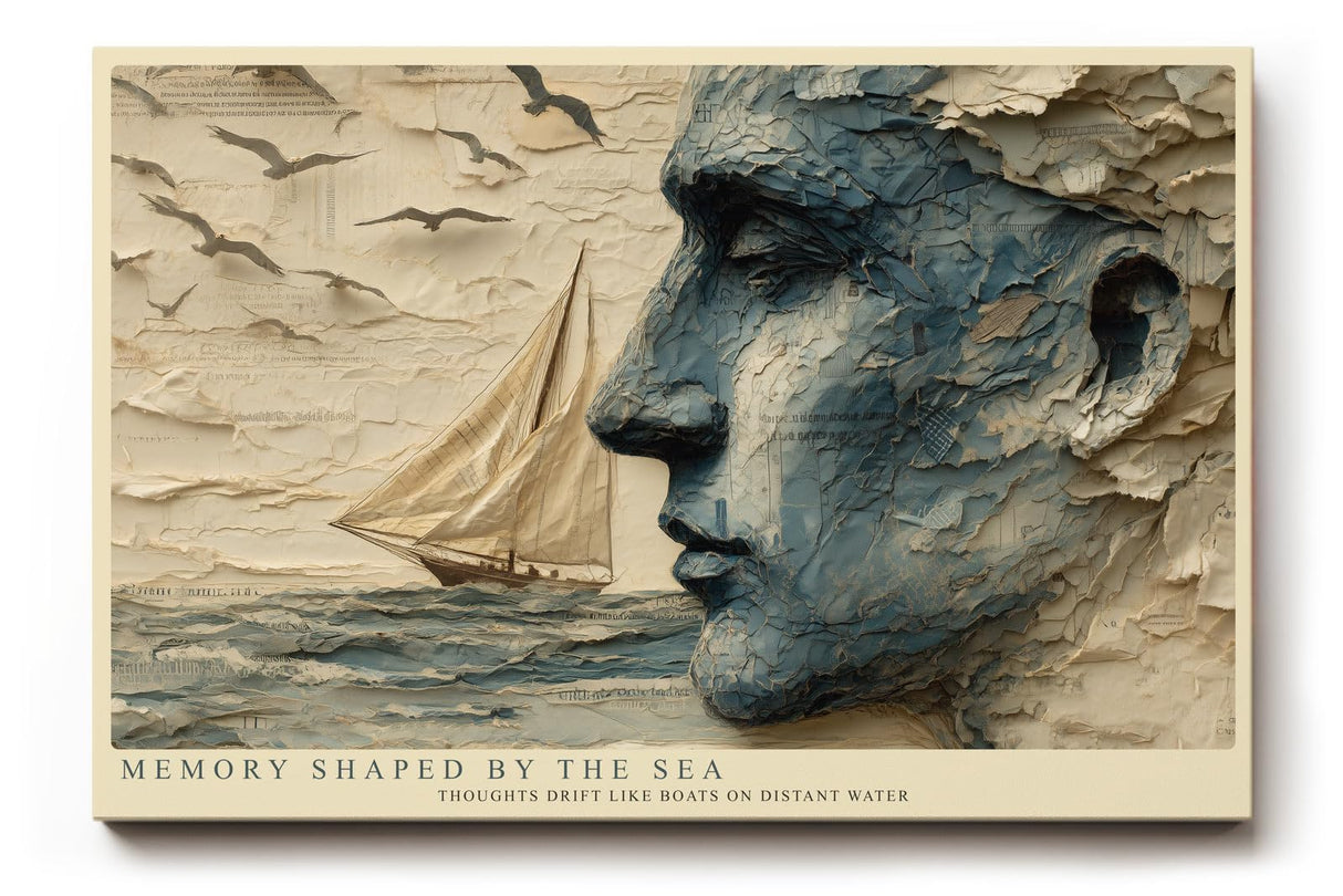 Paul Sinus Wandbild 120x80cm abstraktes Gesicht Meer Segelboot moderne Kunst blau beige Kunstdruck grosses Kunstbild atmosphaerische Wanddekoration fuer Wohnzimmer Büro