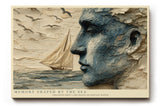 Paul Sinus Wandbild 120x80cm abstraktes Gesicht Meer Segelboot moderne Kunst blau beige Kunstdruck grosses Kunstbild atmosphaerische Wanddekoration fuer Wohnzimmer Büro